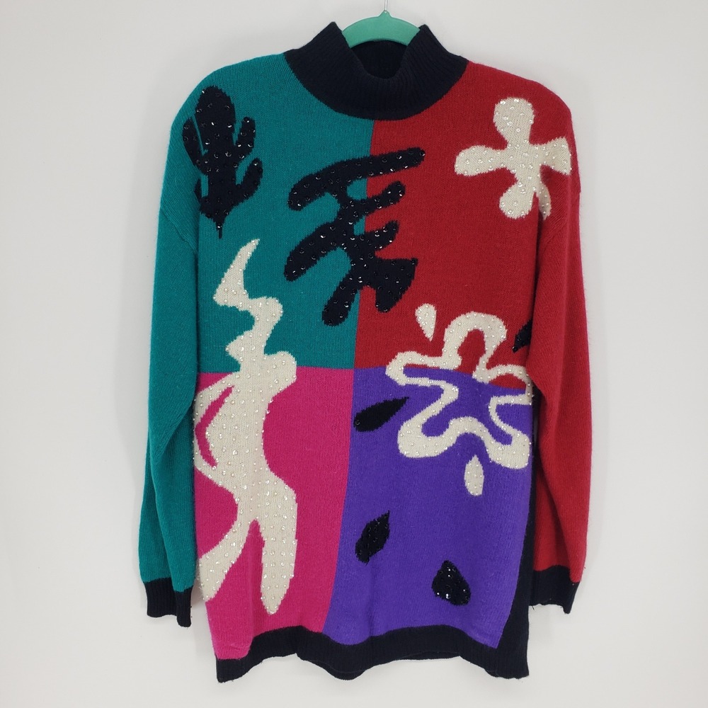 Vintage 80s SK & Company Abstract Colorblock Sweater Women Medium Multi Sequins